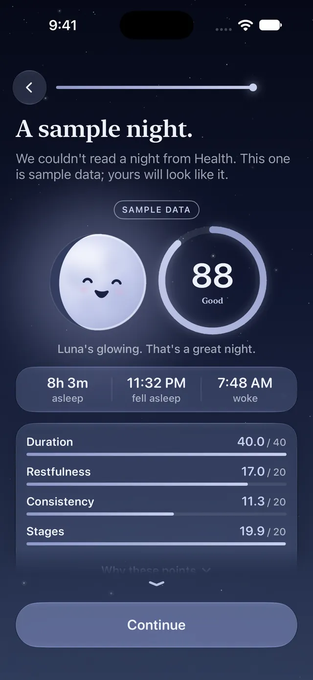 Dozely showing a sample night: Luna as a full, glowing moon beside a score of 88, Good, with the line 'Luna's glowing. That's a great night.' and how the score adds up: Duration 40 of 40, Restfulness 17 of 20, Consistency 11.3 of 20 and Stages 19.9 of 20.