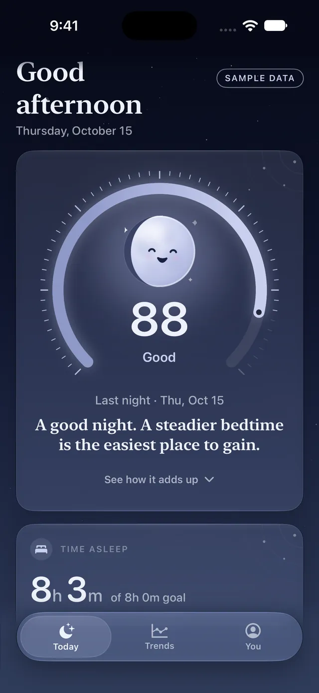 Dozely's Today screen: Luna, smiling and nearly full, inside a sleep score gauge reading 88, Good, with the verdict 'A good night. A steadier bedtime is the easiest place to gain.' and 8 hours 3 minutes asleep against an 8 hour goal.